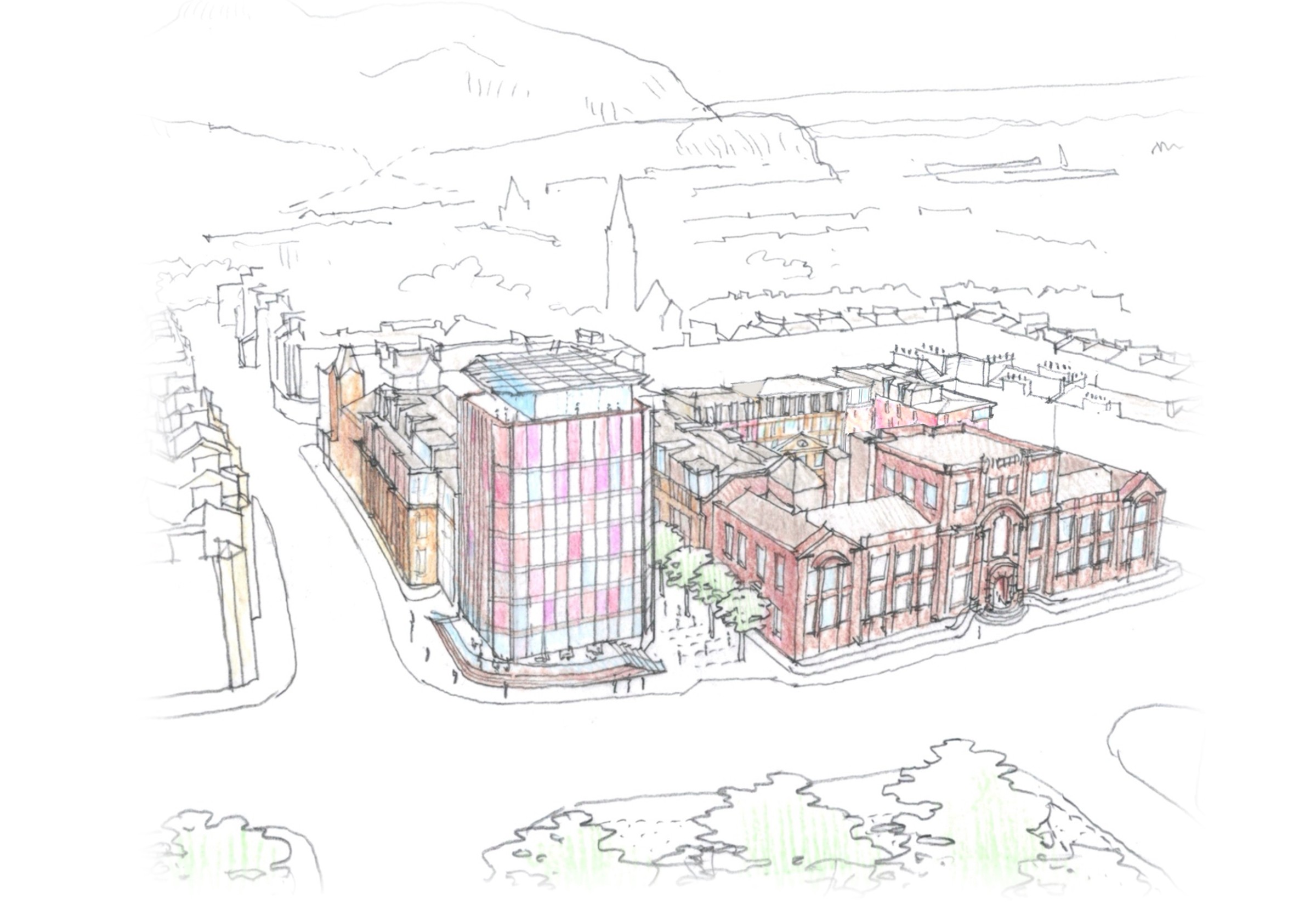 Architect's sketch of the proposed vision for Summerhall, seen from above with Arthur's Seat in the background
