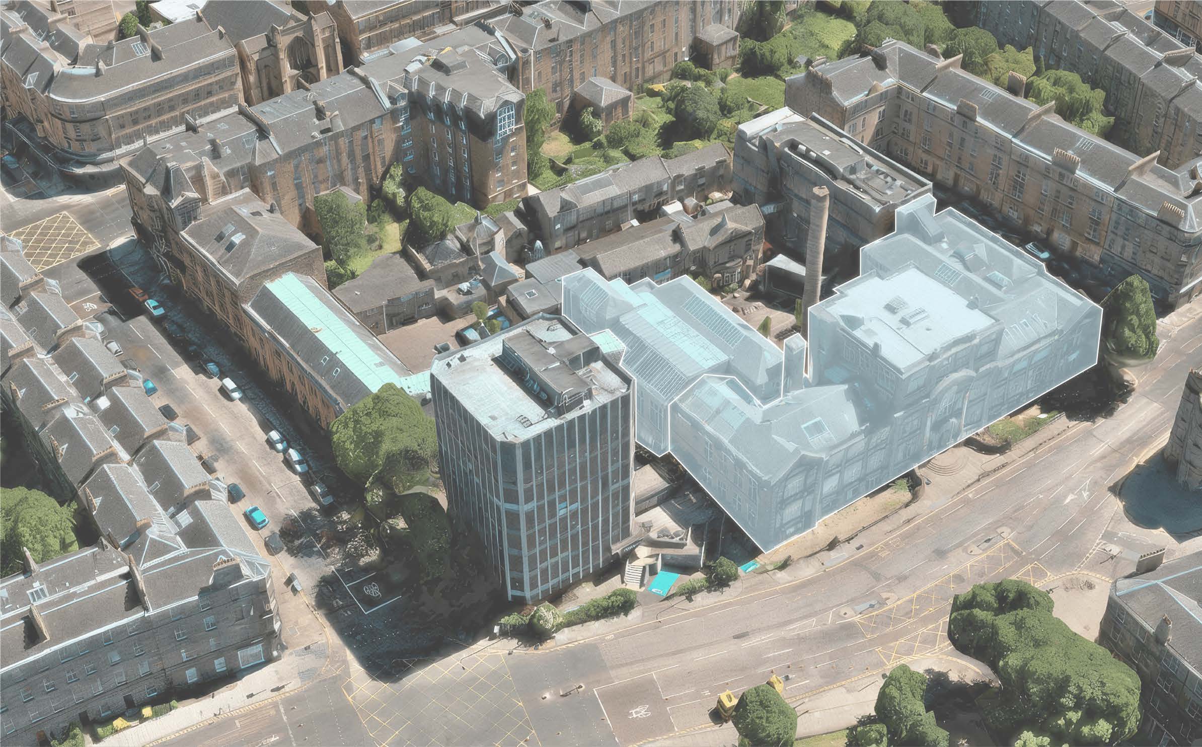 Aerial view of Summerhall with Block A highlighted